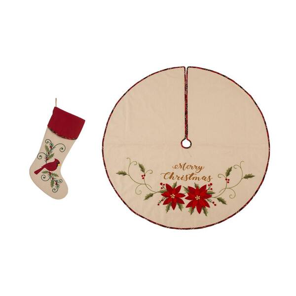 Glitzhome Set of 2 Fabric Christmas Decoration (48.00 in. Tree Skirt and Stocking)