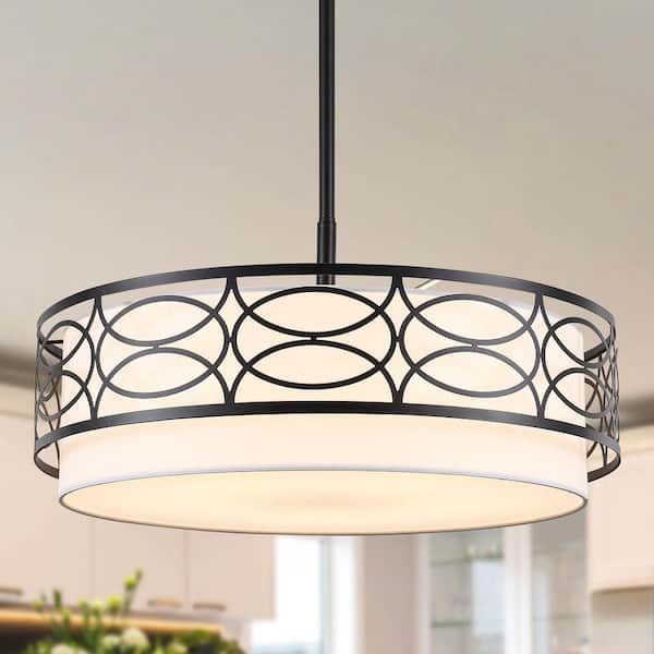 21.65 Inch 5-Light Black Drum Chandelier Modern Farmhouse Pendant Light with Lace Cage Shade for Living Room