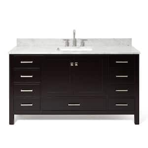 Cambridge 61 in. W x 22 in. D x 35.25 in. H Vanity in Espresso with White Marble Vanity Top with Basin