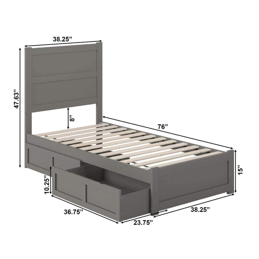 Gray Twin Wood Bed with Headboard and Storage Drawers