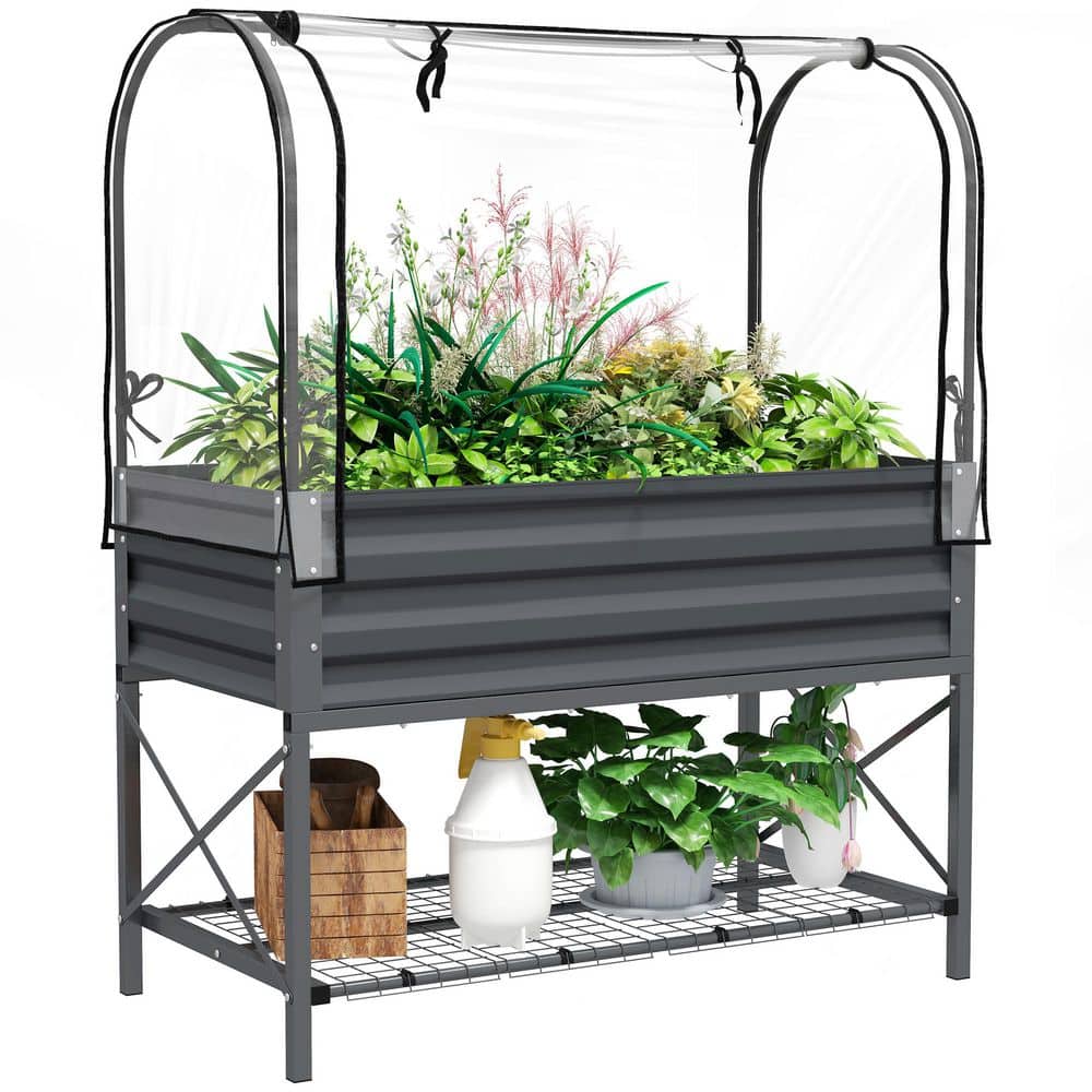 Raised Garden Bed with Cover, Storage, Rectangular Metal Elevated Planter B
