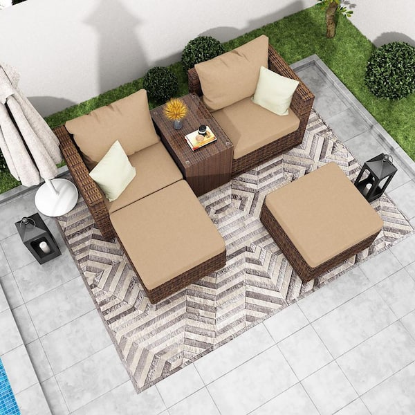 Tenleaf Brown 5 Pieces Wicker Outdoor Sectional Patio Conversation Set with Yellow Cushions and Tempered Glass Top Coffee Table