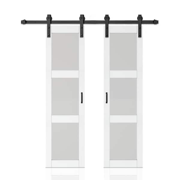 CALHOME 42 in. x 84 in. 3-Lite Tempered Frosted Glass White Finished Composite Double Sliding Barn Door with Hardware Kit Handle