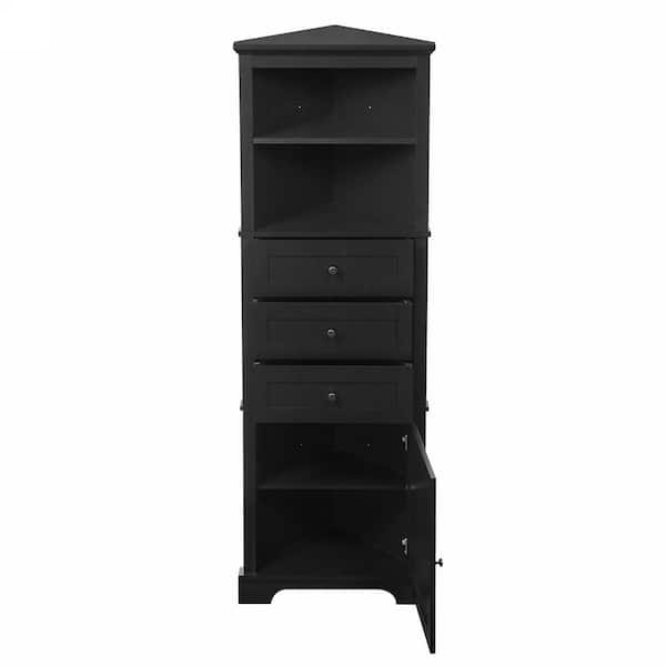 23 in. W x 13.4 in. D x 69 in. H Black MDF Freestanding Triangle Linen Cabinet with Door, Adjustable Shelf, 3 Drawers