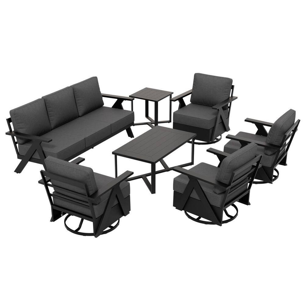 Modern 7-Piece Patio Set: 4 Rocking Chairs Three-Seater Sofa Coffee Table Side Table Black Steel with Gray Cushions price history on PriceWatchPro