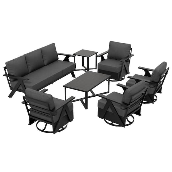 Modern 7-Piece Patio Set: 4 Rocking Chairs Three-Seater Sofa Coffee Table Side Table Black Steel with Gray Cushions