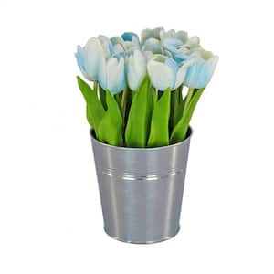 9 in. Artificial Floral Arrangements Tulips in Metal Pot- Color: Blue