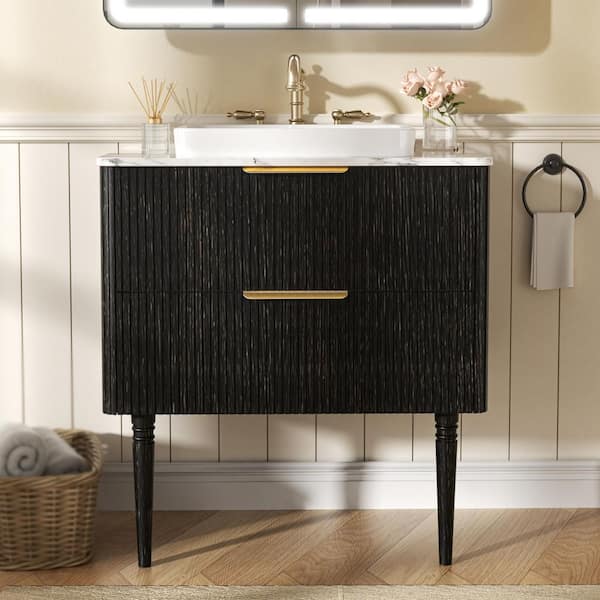 FAMYYT 30 in. W Bath Vanity in Black with White Cultured Marble Top and Vessel Sink, Solid Wood Legs (Assembled)