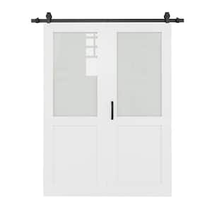 56 in. x 80 in. 1/2 Lite Tempered Frosted Glass White Primed Bifold Sliding Barn Door with Hardware Kit