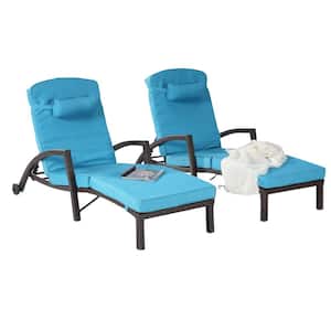 Outdoor Brown Wicker Armrests Chaise Lounge Chair with Height Adjustable Backrest and Wheels (2-Pack)