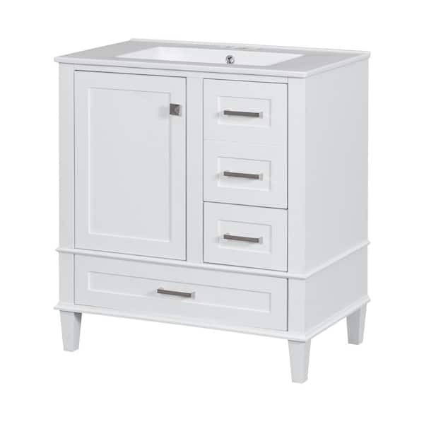 Polibi 30 in. W x 18 in. D x 34 in. H Bath Vanity in White with Soft Closing Door, Solid Wood Frame and 3-Drawers