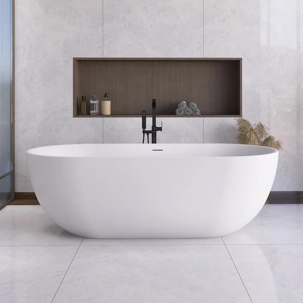 JimsMaison 69 in. x 29.5 in. Stone Resin Freestanding Flatbottom Soaking Bathtub with Center Drain in Matte White