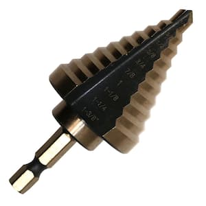1/4 in. to 1 in. to 3/8 in. #5 High Speed Steel Black and Gold Step Drill Bit with Quick Change Hex Shank