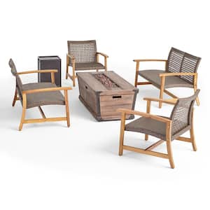 Hampton Natural 6-Piece Wood and Faux Rattan Patio Fire Pit Set with Mixed Mocha Seat Finish and Brown Fire Pit