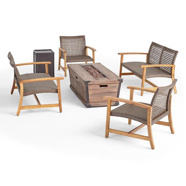 Noble House Hampton Natural 6-Piece Wood and Faux Rattan Patio Fire Pit Set with Mixed Mocha Seat Finish and Brown Fire Pit