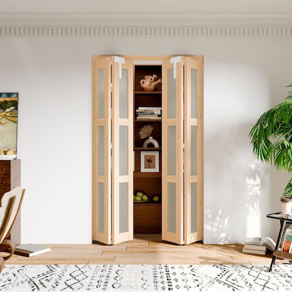 48 in. x 80 in. 3 Lite Frosted Glass Solid Core Light Brown Unfinished Pine Wood Bi-fold Door with Full Accessories