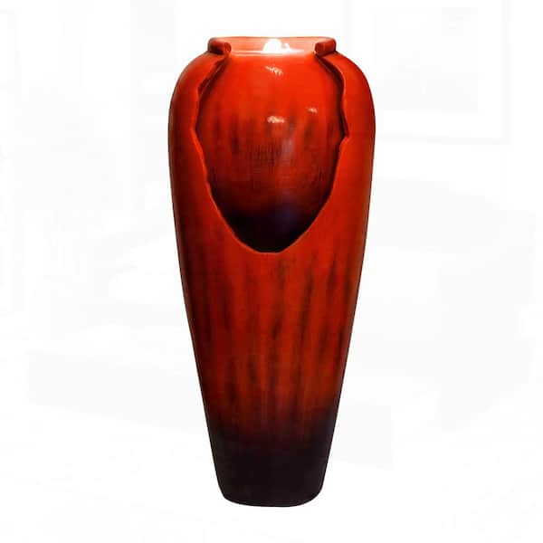 30.7 in. Concrete Vase-Style Cascading Tiered Fountain with LED Light and Pump for Indoor/Outdoor Use