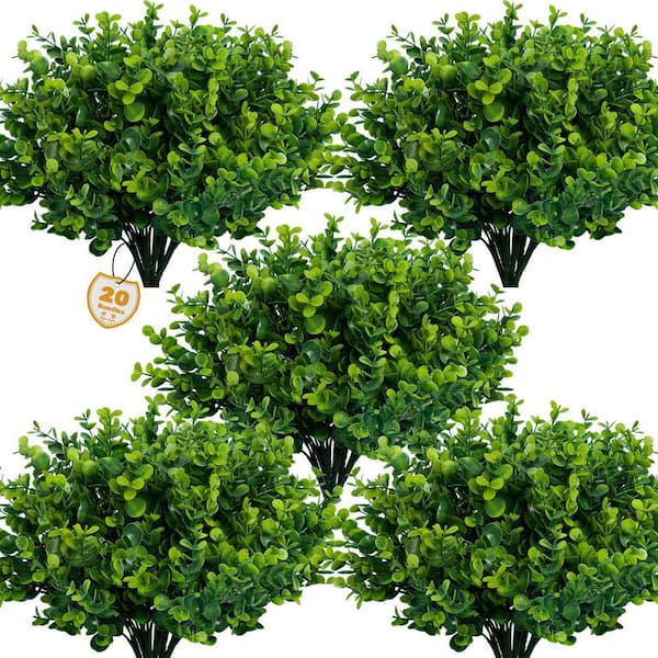 12.9 in. Green Artificial Greenery Plants Outdoor Decoration, 20-Bundles UV Resistant Fake Plants Boxwood Shrubs Grass