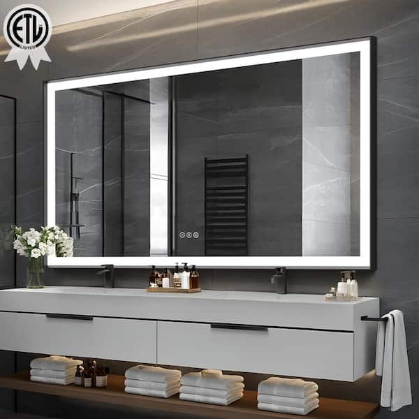 60 in.W x 36 in.H Rectangular Black Aluminum Framed Anti Fog LED Lighted Modern Wall Bathroom Vanity Mirror in Tempered