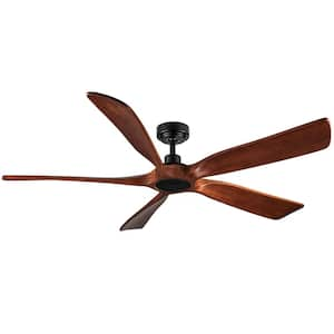 TeakAura 60 in. Indoor Farmhouse Matte Black Ceiling Fans without Light, with Walnut Wood Blades and Remote Control