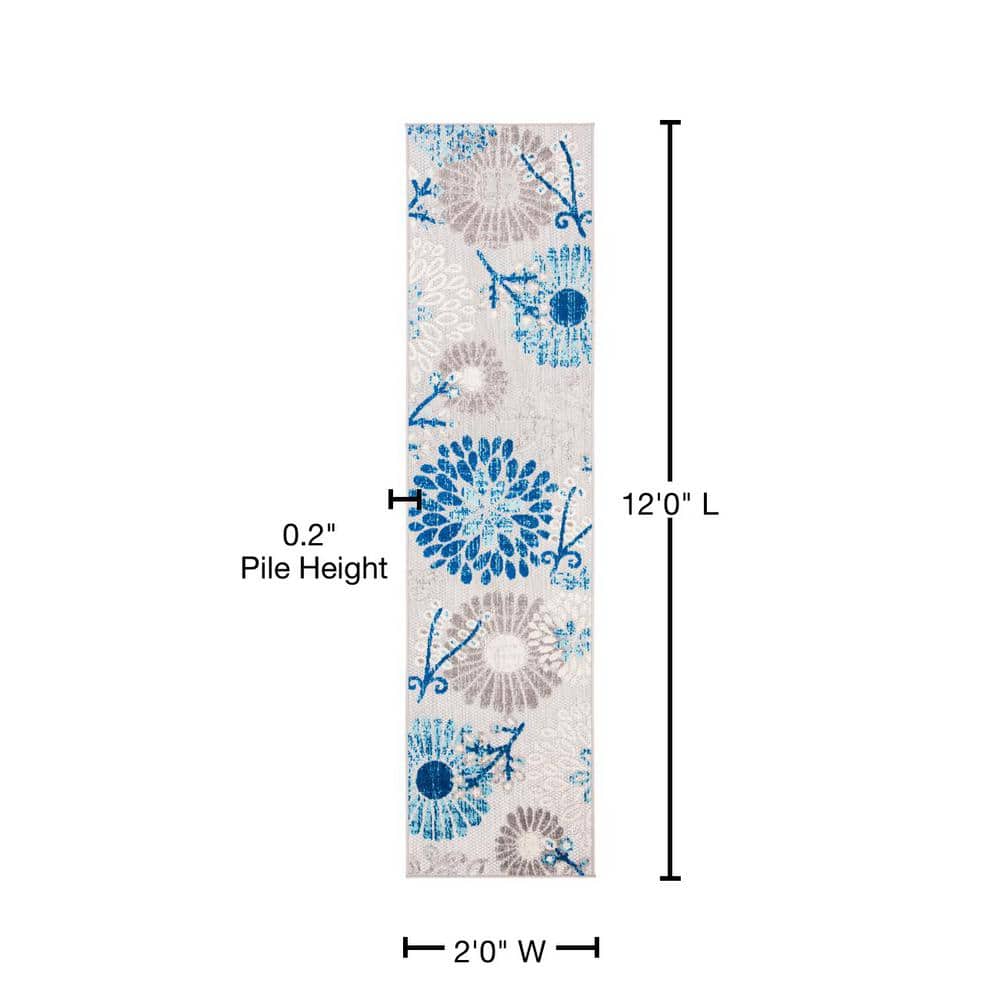 Grey and Blue Floral Synthetic 2' x 12' Runner Rug