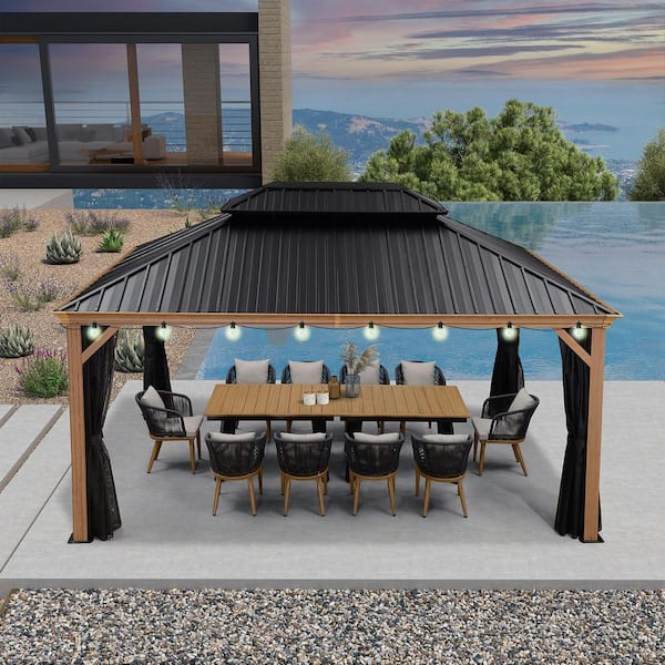 12 ft. x 16 ft.Wood Grain Patio Outdoor Gazebo for Backyard Hardtop Aluminum Frame with Hooks, Upgrade Netting 24-Lights