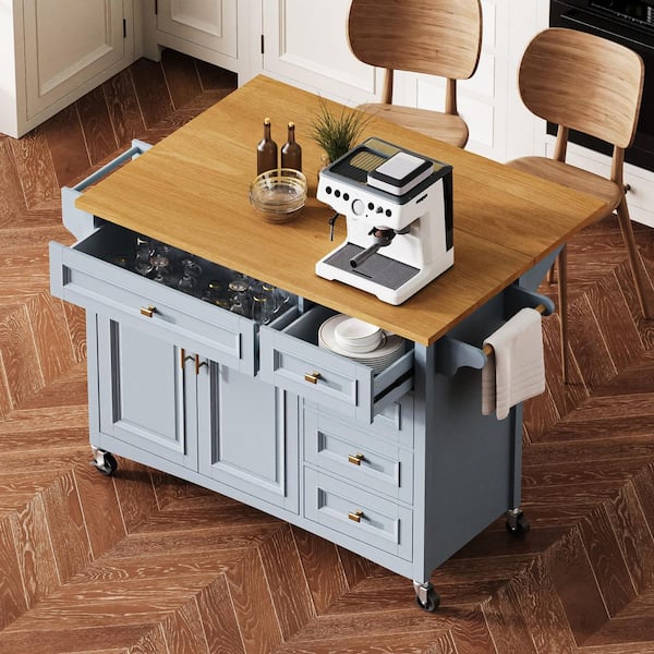 Blue Grey with Smooth Painted Finish Kitchen Cart with Drawers; Drop Leaf; Locking Casters; Shelf; Spice Rack; Wheels