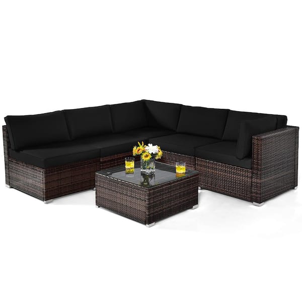 HONEY JOY 6-Piece Wicker Outdoor Sectional Conversation Furniture Set with Coffee Table & Black Cushions