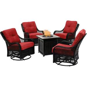 Orleans 5-Piece Steel Patio Fire pit Conversation Set with Autumn Berry Cushions, Swivel Gliders and Fire pit Table