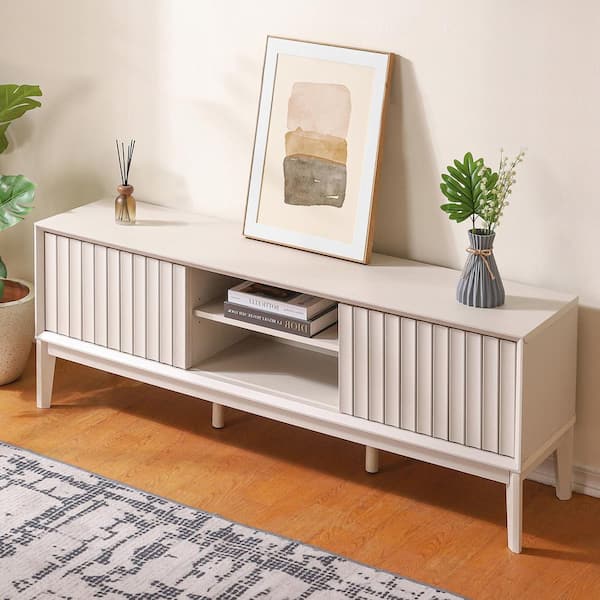 Gennaro 58 in. Farmhouse 3-Storage Sliding Door TV Stand Fits TVs up to 65 in. with Cable Management, Off-White