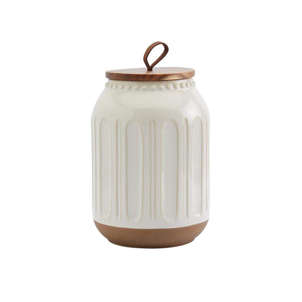 Embossed White Ceramic Canister Set with Acacia Wood Lids, 3 Piece
