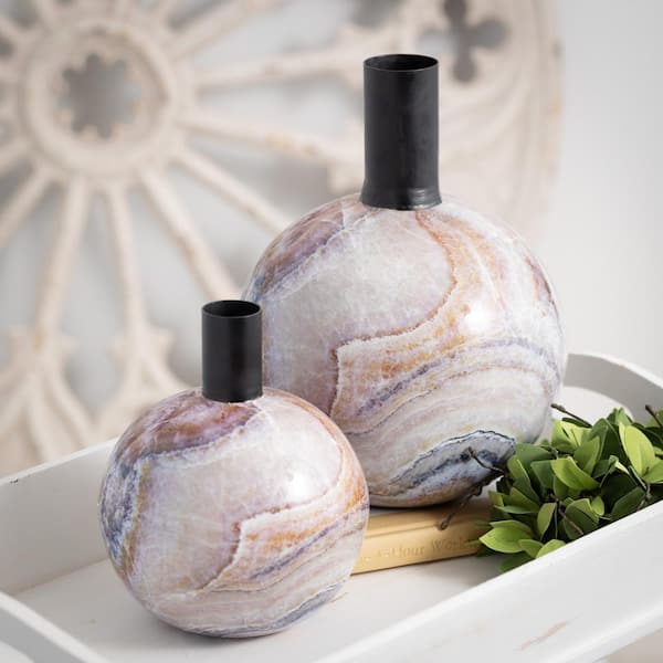 SULLIVANS Marbleized Deco Metal Vase, 12 in. H and 8.5 in. H Green (Set of 2)