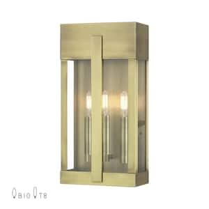 Berksford 17 in. 3-Light Antique Brass Outdoor Hardwired Wall Lantern Sconce with No Bulbs Included