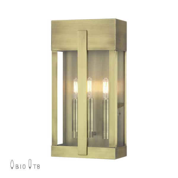Livex Lighting Berksford 17 in. 3-Light Antique Brass Outdoor Hardwired Wall Lantern Sconce with No Bulbs Included