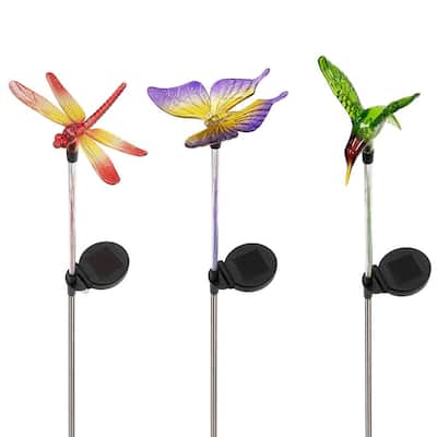 33 in. Tall Butterfly, Hummingbird, Dragonfly Solar Fiber Optic Multi-Colored LED Path Light Garden Stakes (Set of 3)