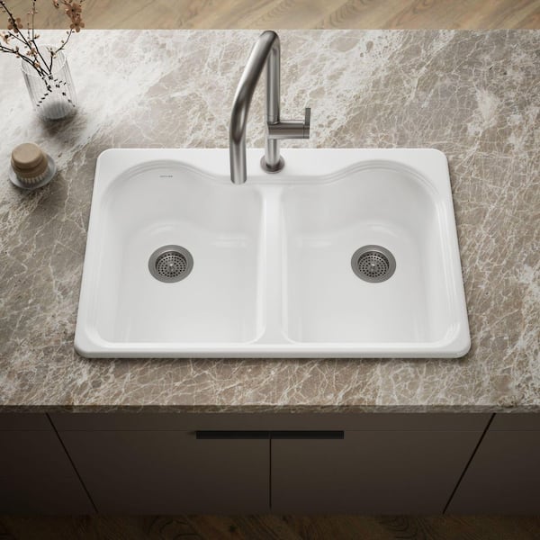 Hartland Cast Iron 33 in. 1-Hole Double Bowl Drop-In Kitchen Sink in White