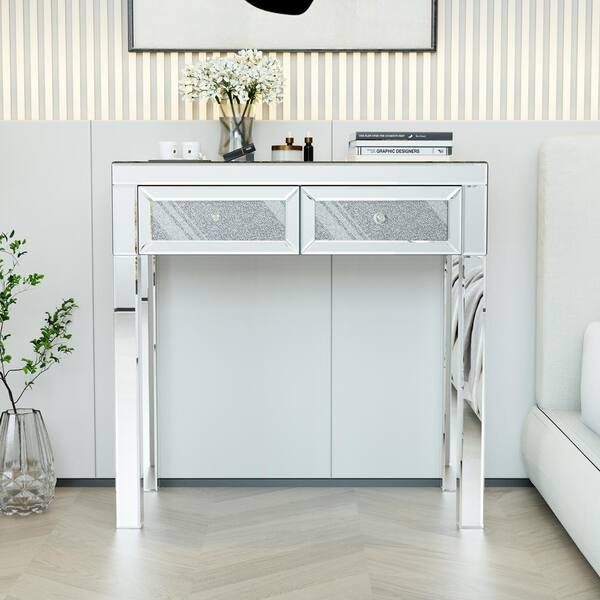 Room 2 Drawers Mirrored Women Ladies Make-Up Table Desk Console Silver Furniture 