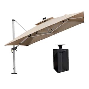 11 ft. Square Aluminum Solar Powered LED Patio Cantilever Offset Umbrella with Base in Ground, Beige