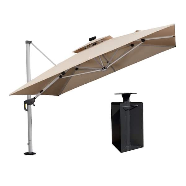 PURPLE LEAF 11 ft. Square Aluminum Solar Powered LED Patio Cantilever Offset Umbrella with Base in Ground, Beige