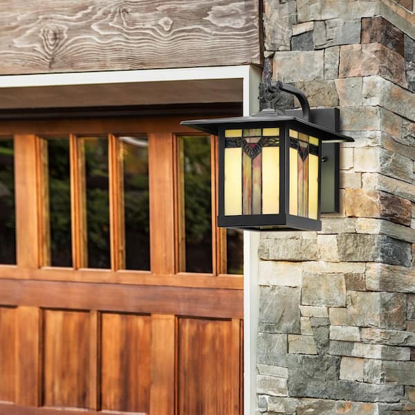 Highland 1-Light Black Outdoor Hardwired Stained Glass Wall Lantern Sconce