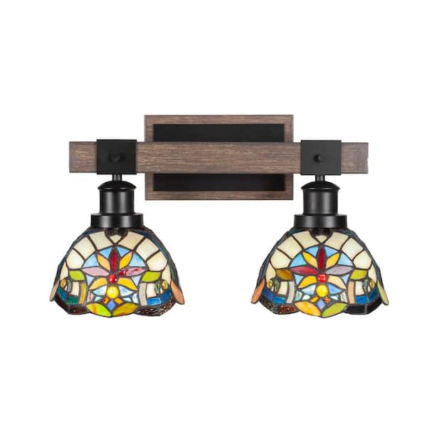 Unbranded Richmond 17.25 in. 2-Light Vanity Light Black/Painted Wood-look Metal with 7 in. Art Glass Shades no bulbs included