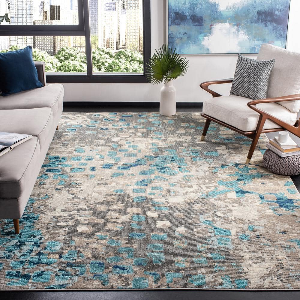 Modern Grey/Blue Synthetic 10' x 14' Easy-Care Area Rug