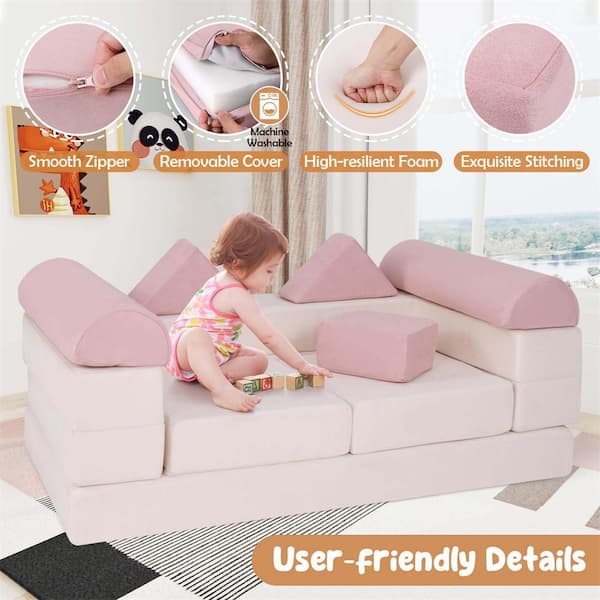 Costway Pink Kids Modular Play Couch Play Set with Suede Fabric