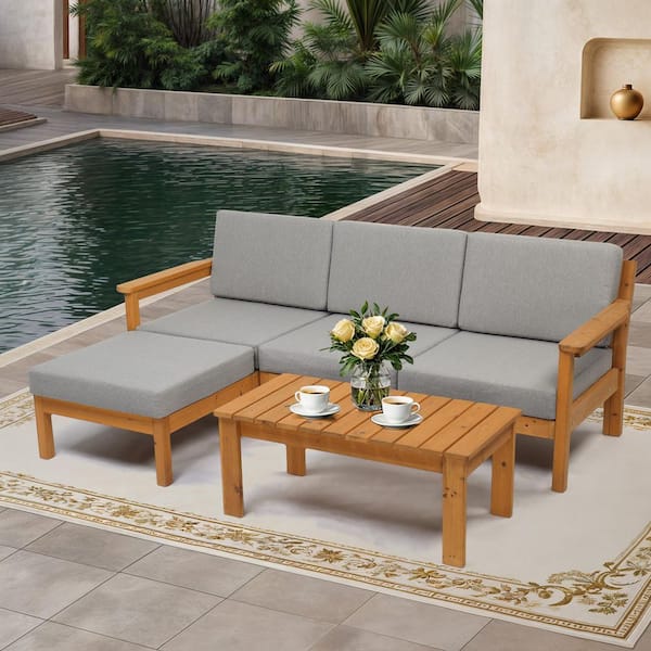 Solid Wood Outdoor Sectional Set with Gray Cushions