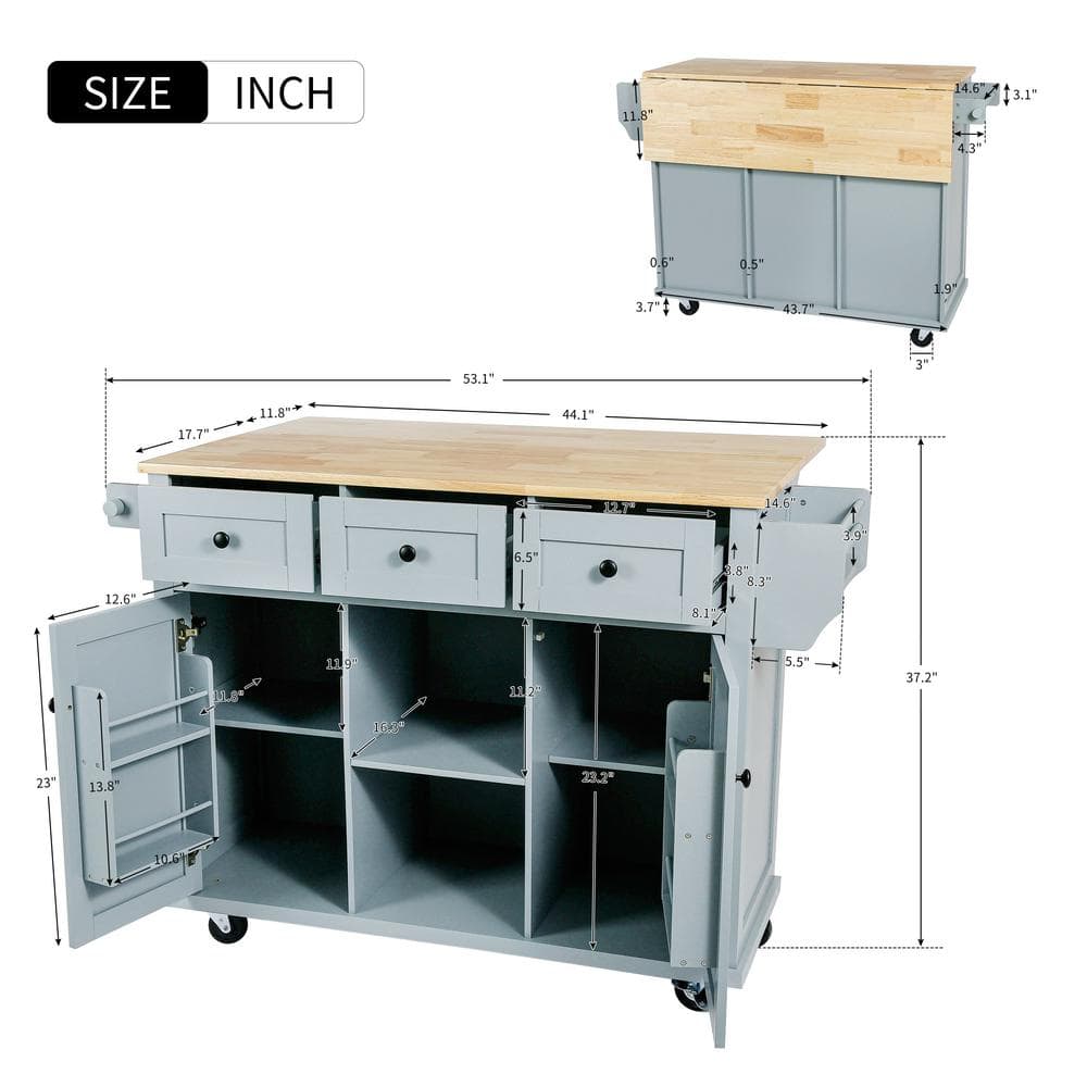Blue Rubber Wood Kitchen Island with Drop-Leaf Countertop and Storage