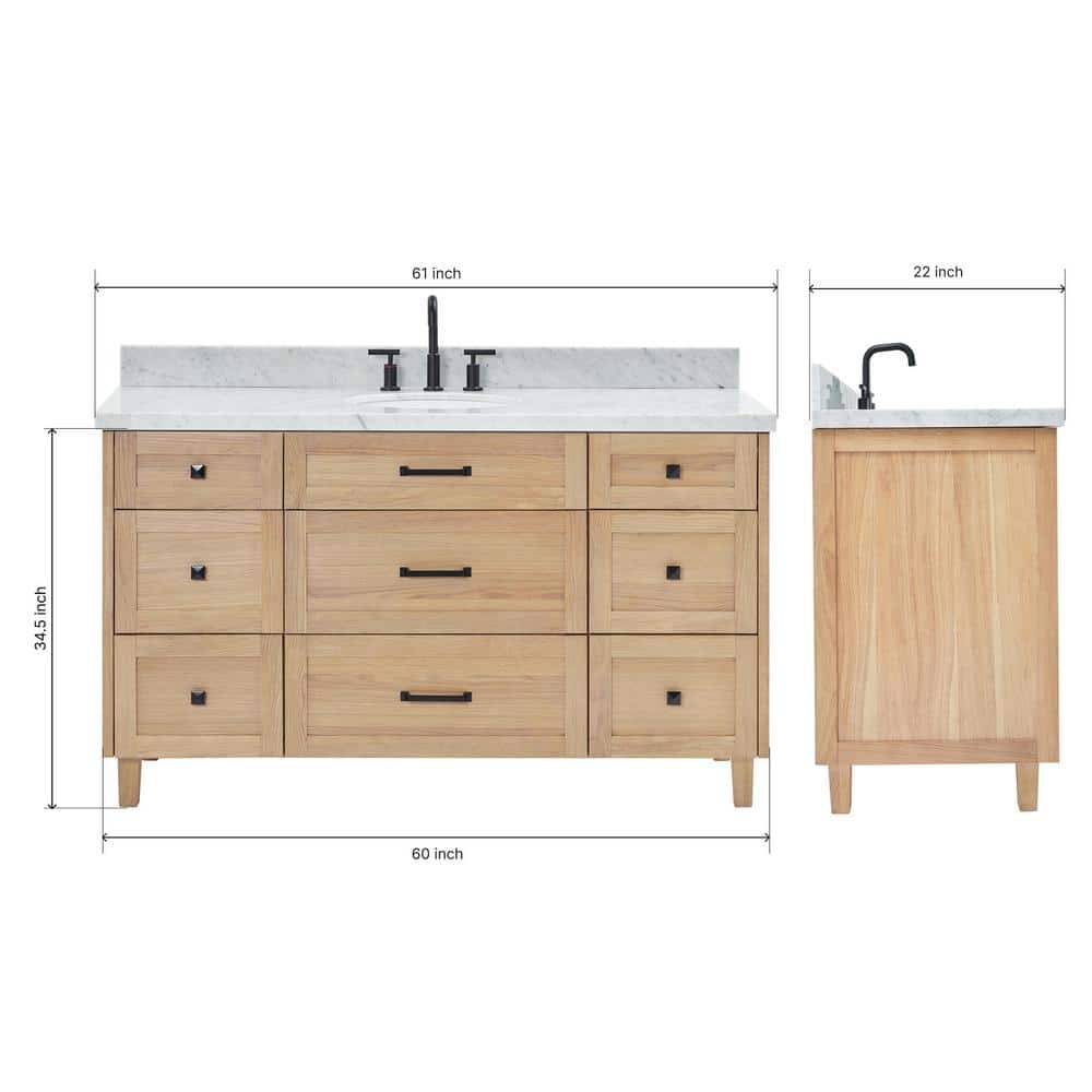 Monroe 61" Oak Single Sink Vanity with Carrara Marble Top