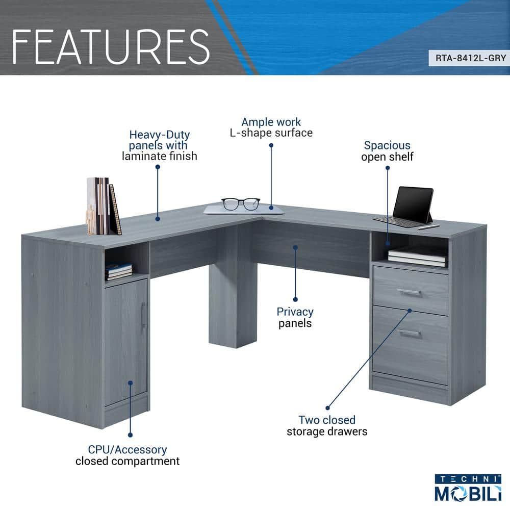 Ergonomic Gray L-Shaped Gaming Desk with Storage and Filing Cabinet