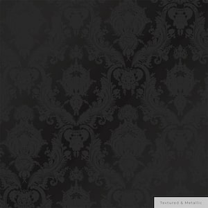 Grey on Metallic Black Damsel Vinyl Peel and Stick Textured Wallpaper Roll