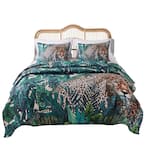 Jungle Cat 3-Piece Teal Polyester King Quilt Set