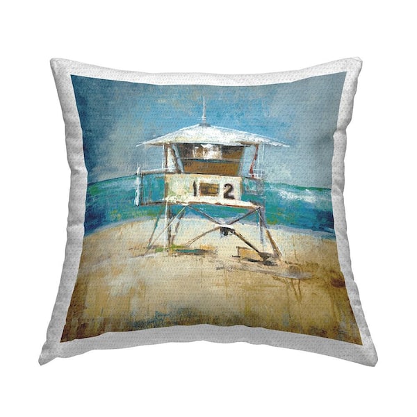 Stupell Industries Lifeguard Tower on Beach Blue Square Outdoor Throw Pillow
